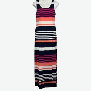 JESSICA HOWARD Stripe Navy Blue Pink Sleeveless Maxi Jersey Knit Stretch Dress S